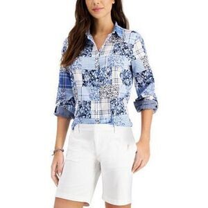 Tommy Hilfiger Women's Cotton Patchwork-Print Roll-Tab Shirt Size M